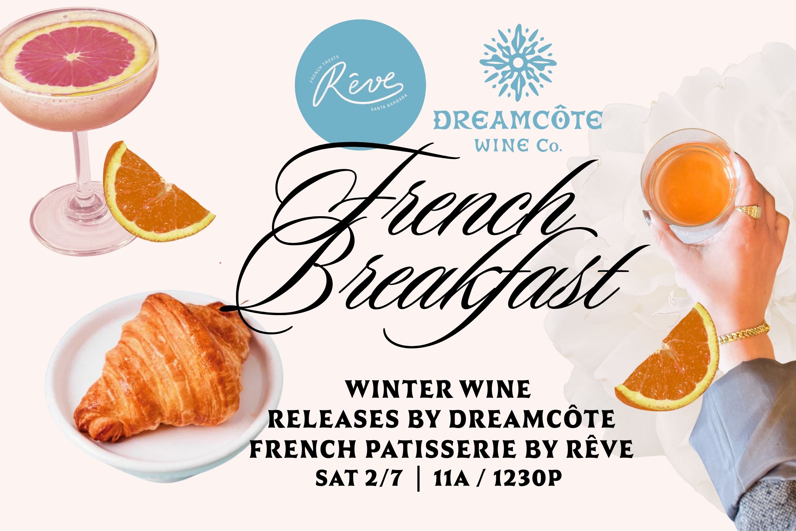 Dreamcote event image depicting a croissant, an orange slice, a glass of sparkling wine and a mimosa